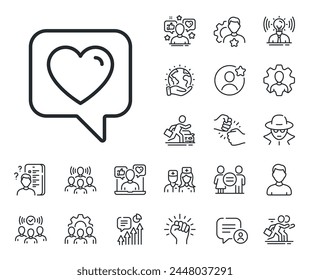 Signo de me gusta favorito. Iconos de esquema de especialista, médico y competencia laboral. Icono de línea de corazón. Símbolo de Comentarios positivo. Signo de la línea del corazón. Marcador de posición de avatar, icono de disparo de cabeza espía. Líder de ataque. Vector