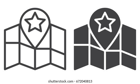 Favorite location icon, line and solid version, outline and filled vector sign, linear and full pictogram isolated on white. Map pointer with star symbol, logo illustration