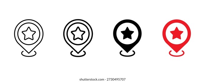 Favorite location icon set. Map pin with star symbol for marked places and points of interest. Navigation and gps location icons for maps, travel apps and interface design.