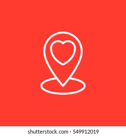 Favorite location marker. Map pin, pointer with heart line icon, outline vector sign, linear white pictogram isolated on red. Symbol, logo illustration