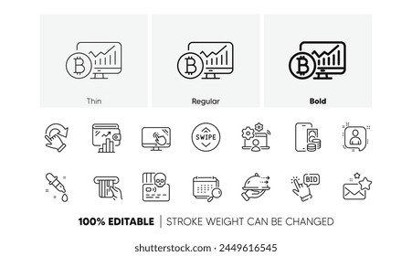 Favorite mail, Calendar and Phone pay line icons. Pack of Cyber attack, Credit card, Rotation gesture icon. Food delivery, Chemistry pipette, Touch screen pictogram. Bitcoin chart. Line icons. Vector