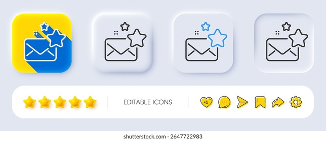 Ícone de linha de email favorita. Neumórfico, sombra plana, botões 3d. Letra com sinal de estrelas. Melhor símbolo de email. Ícone de email favorito da linha. Ícones de mídia social. Vetor