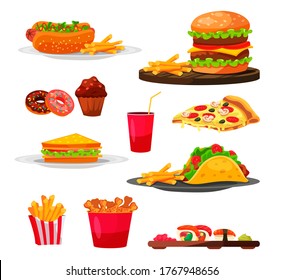 Favorite mass-produced junk street fast food dish set isolated. Quickly served prepared snacks. Hotdog, burger, pizza, sushi, tacos, sandwich, chicken nuggets, french fries, cola, donate, cupcake