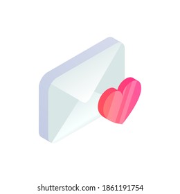 Favorite message isometric icon, 3d Email Mobile symbol with heart shape. Choose e-mail sign. Social network, sms chat, mail web mark vector illustration for website, landing design, app, advert.
