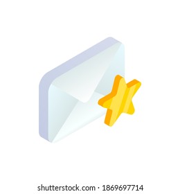 Favorite message isometric icon, 3d Email Mobile symbol with star shape. Choose e-mail sign. Social network, sms chat, mail web mark vector illustration for website, landing design, app, advert.