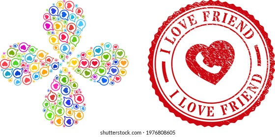 Favorite message multi colored swirl flower shape, and red round I LOVE FRIEND rubber print. Favorite message symbol inside round badge.