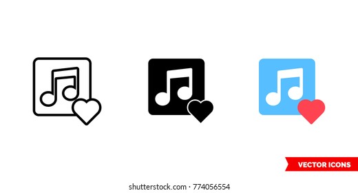 Favorite music or like icon of 3 types: color, black and white, outline. Isolated vector sign symbol.