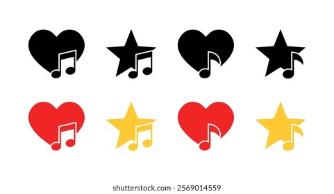 Favorite music set icons. Heart icons. Flat and silhouette style. Vector icons.