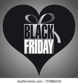 Favorite on Black Friday.
In a square, the words Black Friday form a gift package. A typographic design in the center of a black heart.