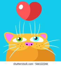 Favorite Orange Flat Cat. Valentine's Day. Funny Cartoon Cool Character. Digital Drawing Cute Character. Blue Background. Cheerful Fur Pet for Postcard, Web Icons and Shirt. 