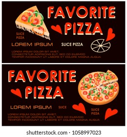 FAVORITE PIZZA. Poster. Realistic pizza on black background. Design for bakery, pizzeria. Two horizontal compositions and text. 