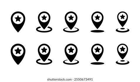 Favorite place icon set collection. Map pin, location with star sign symbol