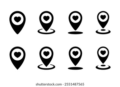 Favorite place icon set collection. Map pin, location with love sign symbol