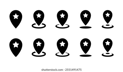 Favorite place icon set. Map pin with star sign symbol