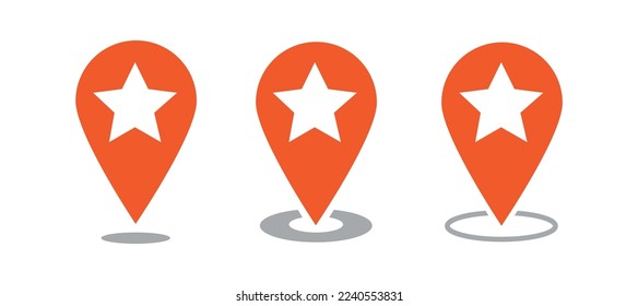 Favorite place map pointer icon. Set map icons pin with star icon. Map pointer with star icon.