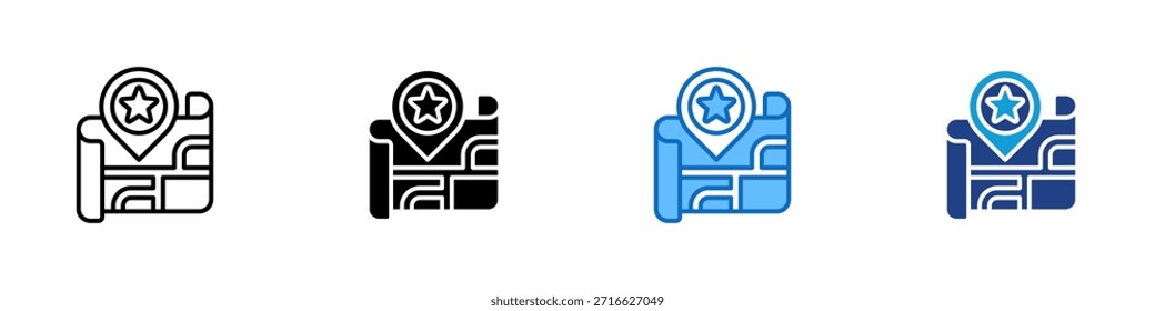 Vector de diseño de íconos de varios estilos - Mapa con un pin que contiene un símbolo de estrella que muestra un destino marcado o favorito