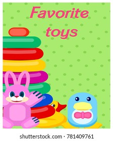 Favorite plastic toys as pink hare, blue penguin, tall pyramid and yellow duck colorful vector poster on green spotty background.