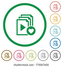 Favorite playlist flat color icons in round outlines on white background