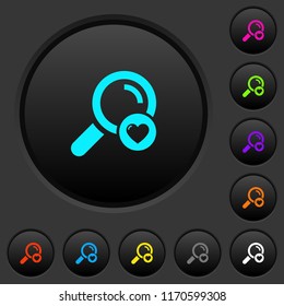 Favorite search dark push buttons with vivid color icons on dark grey background