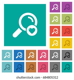 Favorite search multi colored flat icons on plain square backgrounds. Included white and darker icon variations for hover or active effects.