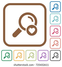 Favorite search simple icons in color rounded square frames on white background
