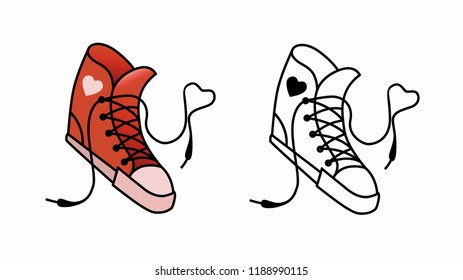 Favorite sneakers in bright color style and in line art style. Logo in the form of shoes