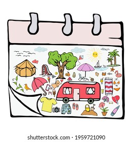 Favorite Spring Calendar: Eat, Drink, Fruit, Beachwear, Sea, Tree, Tent, Ice Cream, Sun, Umbrella, Potty, Spring Break.