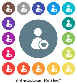Favorite user flat white icons on round color backgrounds. 17 background color variations are included.