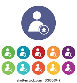 Favorite user icons set, on colored circles, isolated on white