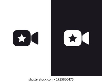 Icono de vídeo marcador. Símbolo de vídeo favorito. Señal de cámara con estrella. Plantilla de icono Videomark. Concepto del logotipo de la aplicación VideoStar. Ilustración del vector