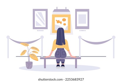 Favorites art concept. Woman sits on bench in front of work of art, painting. Intelligent and cultural rest. Character in museum and on exhibition in gallery. Cartoon flat vector illustration