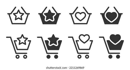 Favorites in basket icon. Shopping basket icon with heart symbol. Trolley with a star. Vector illustration.