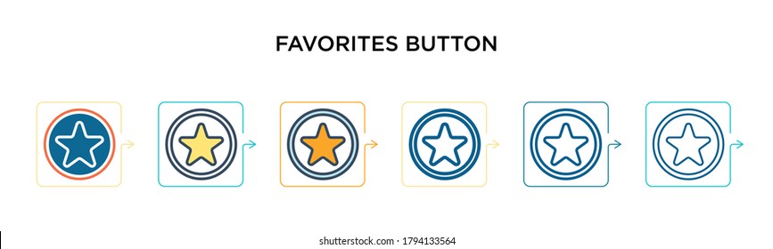 Icono vector de botón Favoritos en 6 estilos modernos diferentes. Iconos de botón de favoritos negros, de dos colores, diseñados con el estilo relleno, contorno, línea y trazo. La ilustración vectorial puede utilizarse para la web, 