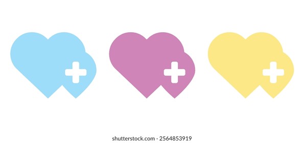 Favorites icon with plus symbol. Favorite icon, heart add plus sign, Medical heart signs. Cardiogram sign. Medicine symbols.