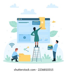 Favorites management online vector illustration. Cartoon tiny people work in browser windows with bookmark on screen, character bookmarking favorite website, holding directory and folders with files