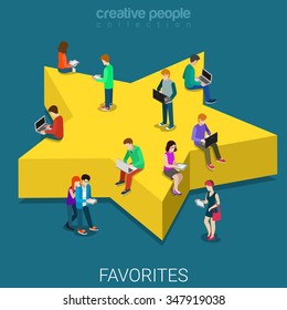 Favorites star flat 3d isometry isometric concept web vector illustration. Young happy joyful people working with laptops on star-shape pedestal. Creative people collection.