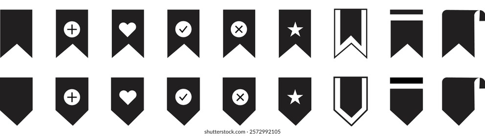 Favourite and Bookmark line and flat icon set. Save, bookmark icon with label ribbon symbol. add to favorites icon button. Bookmark icon illustration isolated on white background.