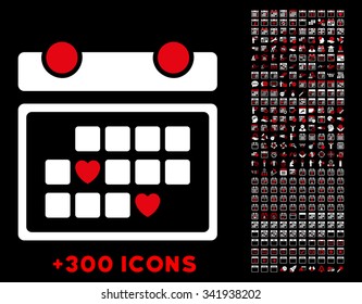 Favourite Days vector pictogram with additional 300 date and time management icons. Style is bicolor flat symbols, red and white colors, rounded angles, black background.