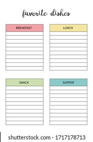  Favourite dishes planner for diary, organiser, notebook. Printable A4 planner. Vector Illustration. 