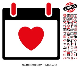 Favourite Heart Calendar Day icon with bonus calendar and time management pictures. Vector illustration style is flat iconic symbols, intensive red and black, white background.