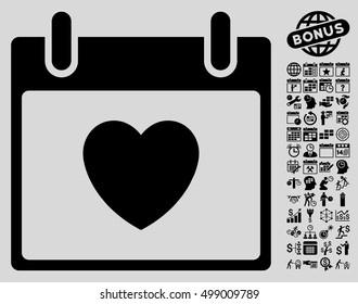 Favourite Heart Calendar Day icon with bonus calendar and time management images. Vector illustration style is flat iconic symbols, black, light gray background.