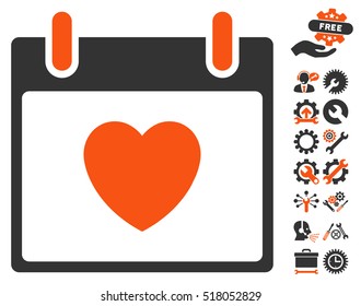 Favourite Heart Calendar Day icon with bonus tools pictograph collection. Vector illustration style is flat iconic symbols, orange and gray, white background.