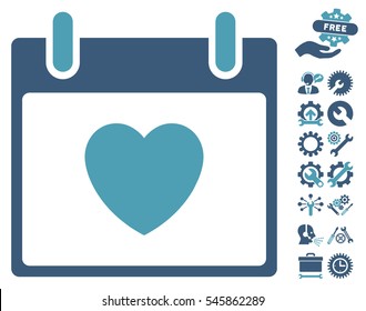 Favourite Heart Calendar Day pictograph with bonus settings pictograph collection. Vector illustration style is flat iconic symbols, cyan and blue, white background.