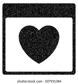 Favourite Heart Calendar Page grainy textured icon for overlay watermark stamps. Flat symbol with unclean texture. Dotted vector black ink rubber seal stamp with grunge design on a white background.