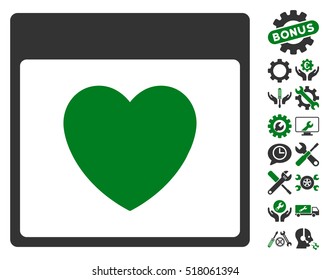 Favourite Heart Calendar Page icon with bonus settings pictures. Vector illustration style is flat iconic symbols, green and gray, white background.