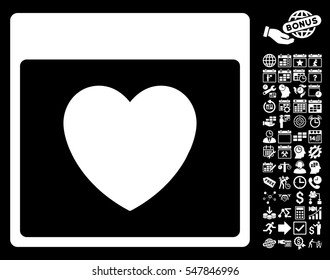 Favourite Heart Calendar Page icon with bonus calendar and time management pictures. Vector illustration style is flat iconic symbols, white, black background.