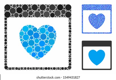 Favourite heart calendar page mosaic of filled circles in various sizes and color hues, based on favourite heart calendar page icon. Vector filled circles are organized into blue composition.