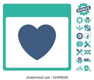 Favourite Heart Calendar Page pictograph with bonus service clip art. Vector illustration style is flat iconic symbols, cobalt and cyan, white background.