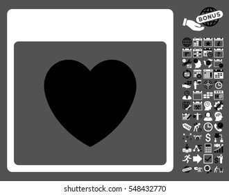 Favourite Heart Calendar Page pictograph with bonus calendar and time management pictograph collection. Vector illustration style is flat iconic symbols, black and white, gray background.