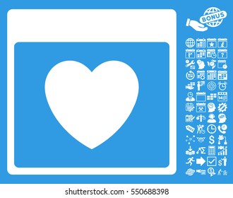 Favourite Heart Calendar Page pictograph with bonus calendar and time management design elements. Vector illustration style is flat iconic symbols, white, blue background.